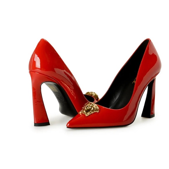 Versace Red Patent Leather Pointed Pump with Gold Medusa Accent - Picture 4 of 14